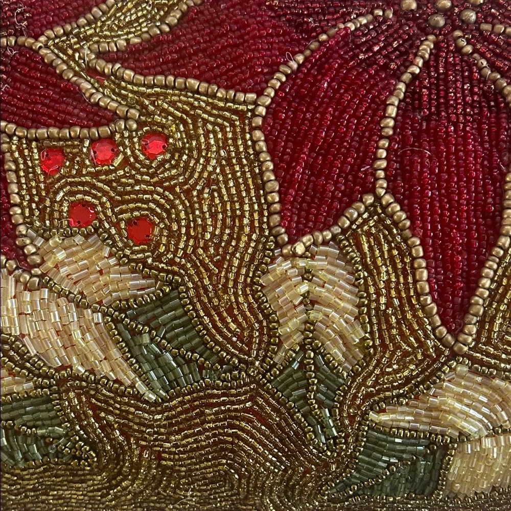 Festive Beaded Floral Lumbar Pillow - Red and Gold